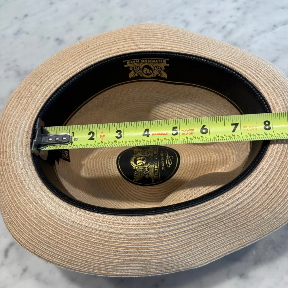 Biltmore Hats Mens Tan Straw Fedora Hat Size 7 56 Made in USA Brown Band Bow